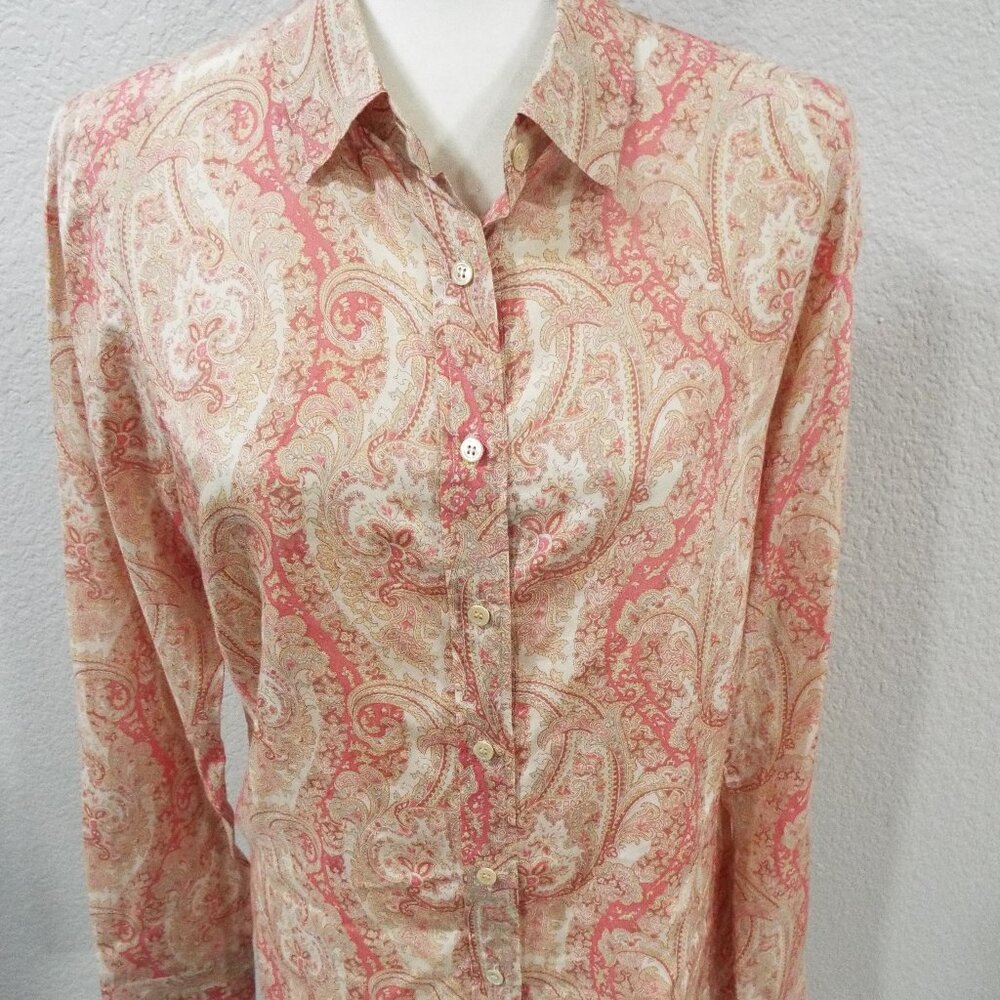 J Crew Women's Pink Coral Paisley Popover Silk Long Sleeve Button Down Blouse-6